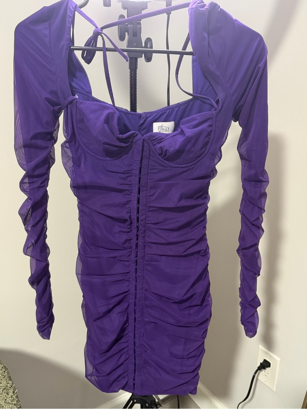 Oh Polly Purple Ruched Long Sleeve Mesh Bodycon Dress
